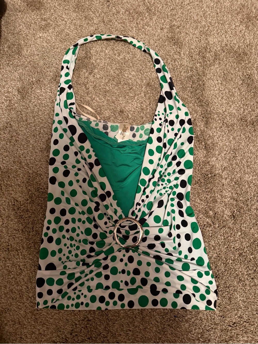 Vintage Green and Black Polka Dot Halter Top with Ring Detail